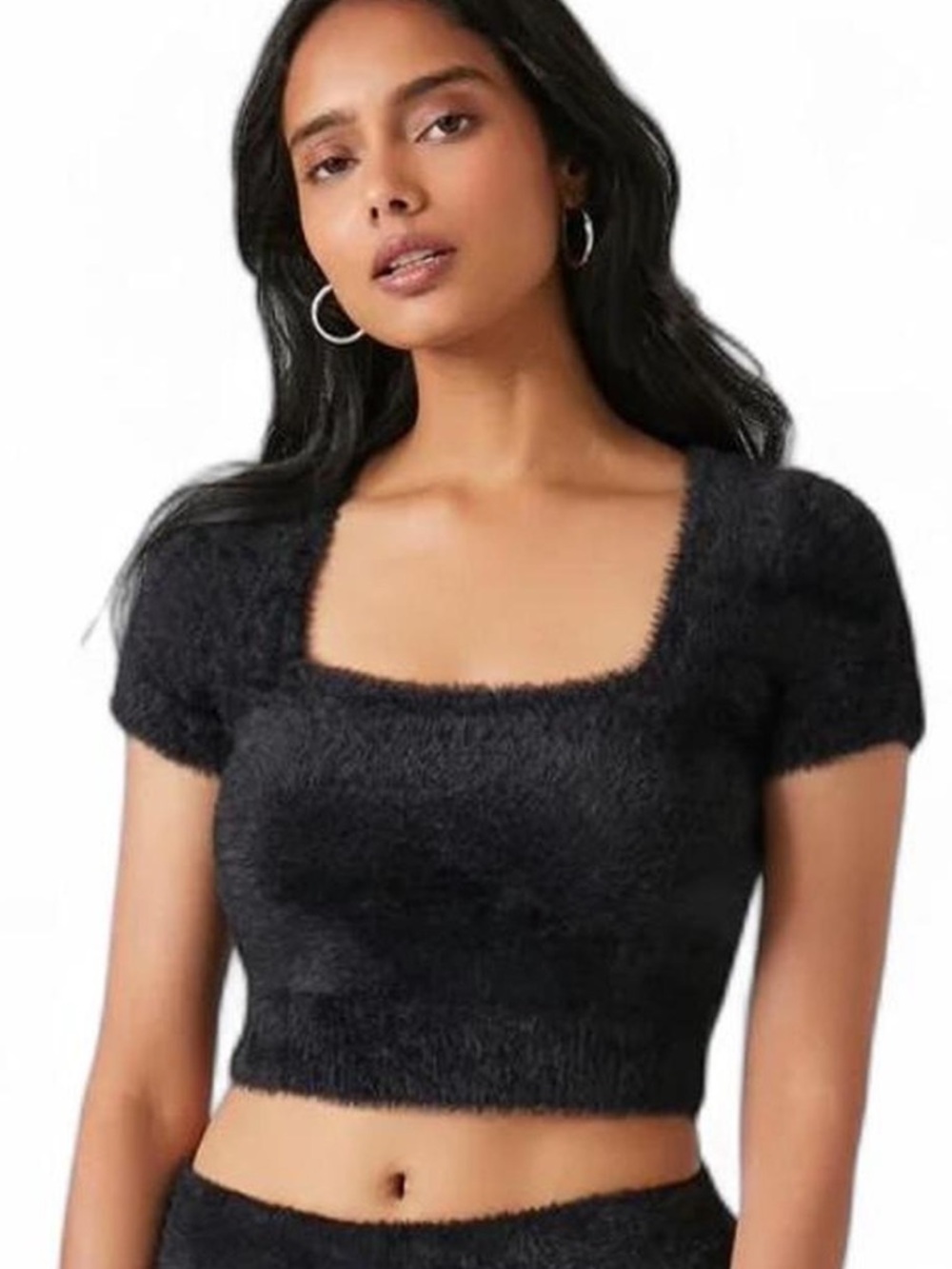 NWT Black Cropped Fuzzy Sweater-Knit Tee SZ M